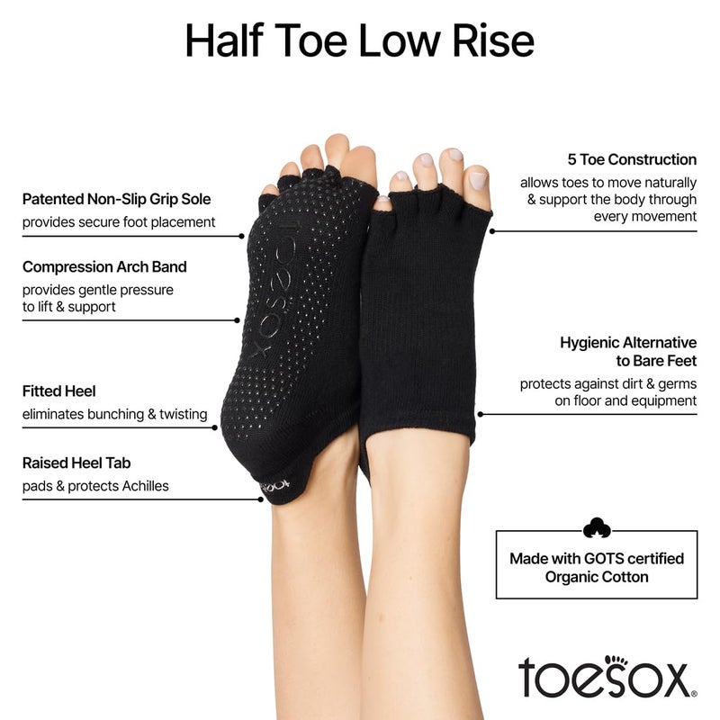 Toesox جوارب توسوكس منخفضة الارتفاع بنصف أصابع، عبوة متعددة - جوارب بيلاتس غير قابلة للانزلاق للنساء والرجال، بار و يوغا - Image 3